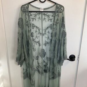 Embroidered lace kimono cardigan/cover-up with floral designs in green, one size